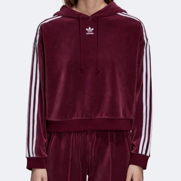 Adidas Originals Velour Cropped Hoodie Sweatshirt - Picture 2 of 7